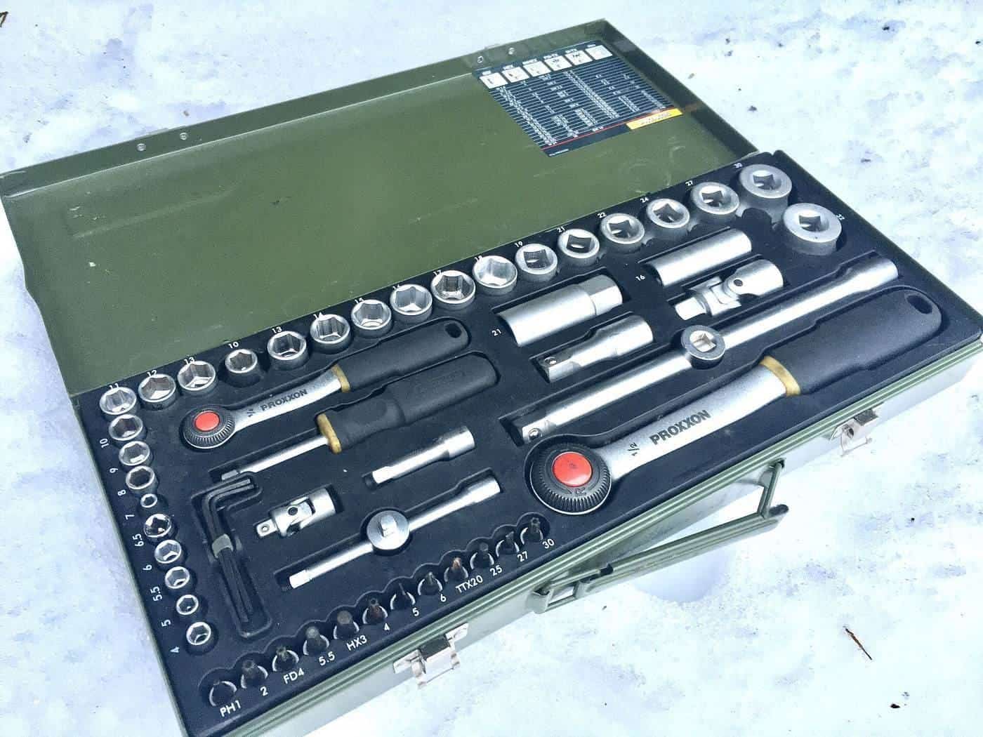 A socket set with two ratchets in an open case