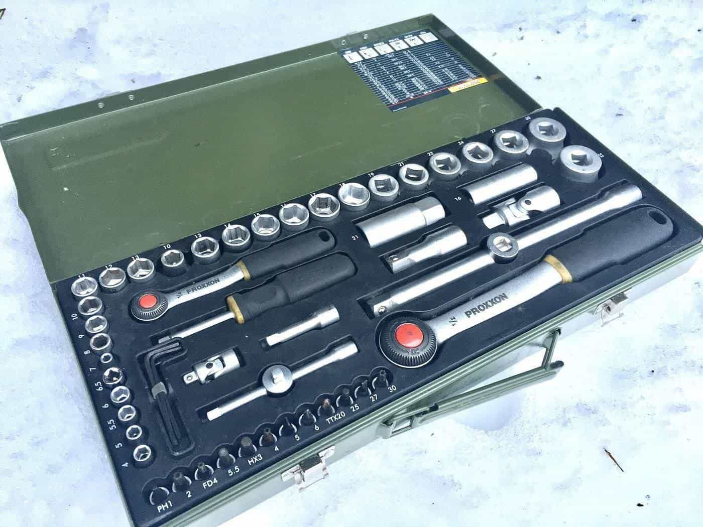 A socket set with two ratchets in an open case